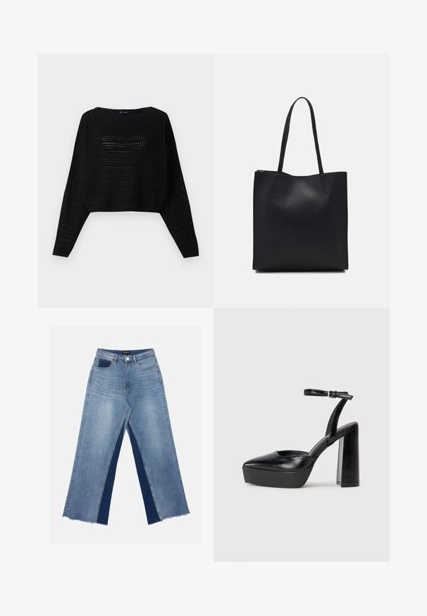 Juodas megztas trumpas svarkas su ilgomis rankovėmis, turintis atvirą tekstūrą ir plačią apykaklę. Su raukšlėmis apačioje ir ant rankovių.; Šviesiai mėlynos plačiakančios džinsai su kontrastingais tamsiai mėlynais įdėklais, suplėšytais kraštais ir standartine liemeniu su metaliniu užsegimu.; Juodi platforminiai aukšti kulniukai su smailiu kojų pirštu ir reguliuojamu kulkšnies dirželiu. Pagaminti iš lygaus odos, turi masyvų blokinį kulną.; Juodas odinis tote krepšys su lygia tekstūra, stačiakampio formos ir dviem ilgais rankenomis. Matomų metalinių detalių ar puošybos nėra.