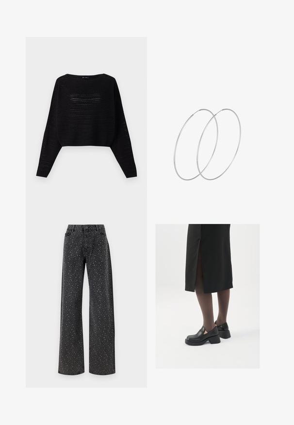Maglione corto nero lavorato a maglia con maniche lunghe, caratterizzato da una texture a trama aperta e un ampio scollo. Bordo a costine in fondo e nei polsi.; Noisy May NMJANNEL LOOSE - Jeans baggy - black denim; Scarpe in pelle nera con punta arrotondata, tacco spesso a blocco e accenti laterali in elastico, abbinate a collant scuri e una gonna nera con uno spacco.; Orecchini a cerchio in argento con un design minimalista. Forma circolare, superficie liscia e profilo sottile. Leggeri con una finitura lucida.