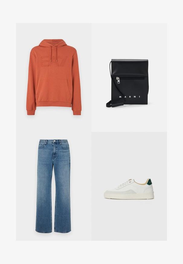 Terracotta huva med ficka, ribbad mudd och präglad "EA7" logotyp på framsidan. Mjuk tygstruktur.; Vida blå jeans i vida ben av denim med en blekt finish. Har fem fickor, knappstängning fram och rak skärning.; Vit sneaker med mockadetaljer, rund tå, platta snören och en krämfärgad gummisula. Har grön branding på hälen.; Svart läder crossbody-väska med en ficka med dragkedja på framsidan, präglad logotyp och justerbar rem. Slät textur med en strukturerad form.