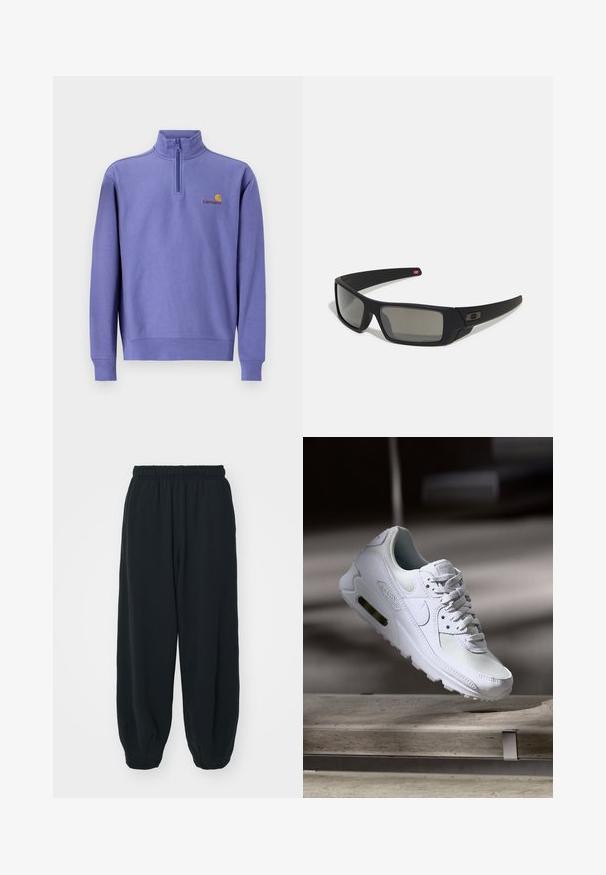 Purple fleece pullover with a half zipper, ribbed cuffs, and hem. Features a small yellow logo and brand name on the chest. Smooth texture.; Black, elasticated-waist sweatpants with a loose fit, cuffed ankles, smooth texture, and no visible patterns or hardware accents.; White Nike Air Max 90 sneaker featuring a mesh and leather upper, perforated toe box, and a visible air unit in the heel.; Black sunglasses with a matte finish, rectangular lenses, slight curve on temples, subtle logo detail, and smoke-tinted lenses.