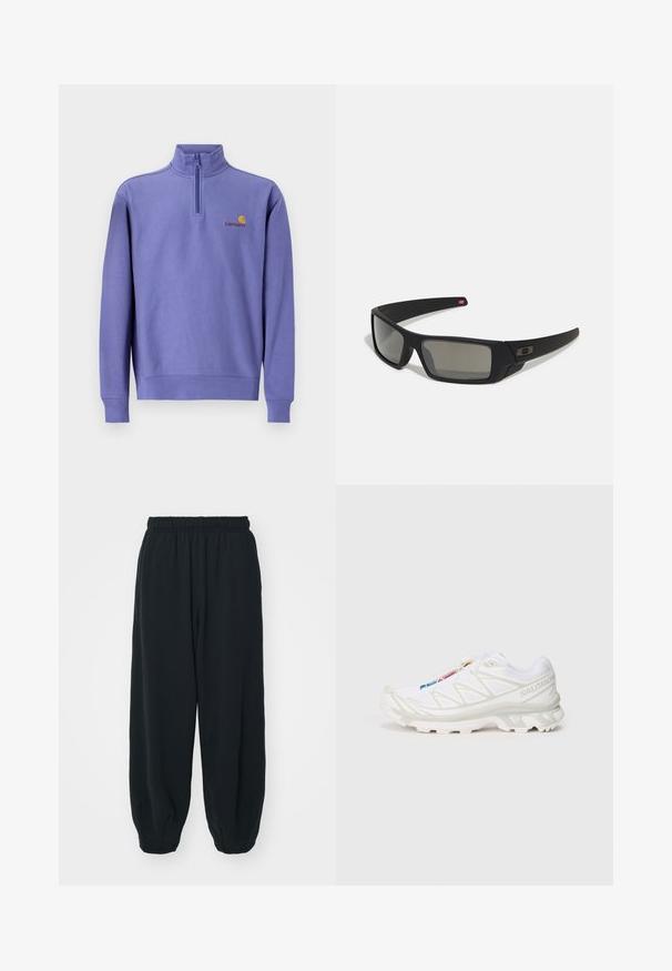 Lilla fleecepullover med en halv lynlås, ribkanten ved ærmerne og kanten. Har et lille gult logo og mærkenavn på brystet. Glat tekstur.; Sorte svedbukser med elastisk talje, løs pasform, afsluttede ankler, glat tekstur og uden synlige mønstre eller hardware-detaljer.; Hvid sportssko med tekstureret mesh-overdel, reflekterende detaljer og en polstret sål. Bemærkelsesværdigt mærke-logo på siden.; Sorte solbriller med mat finish, rektangulære linser, let kurve ved templerne, diskret logo detaljer og røgfarvede linser.