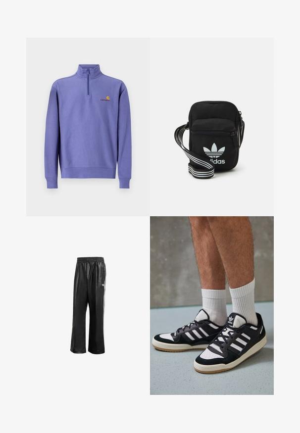 Purple fleece pullover with a half zipper, ribbed cuffs, and hem. Features a small yellow logo and brand name on the chest. Smooth texture.; Black synthetic track pants with an elastic waistband, featuring white side stripes and a small white logo on the left hip.; Black and white sneakers with a suede and leather upper, featuring three white stripes, a perforated toe, and a gum rubber sole.; Black fabric crossbody bag with a zipper closure, featuring a white Adidas logo and a striped adjustable strap for easy carrying.