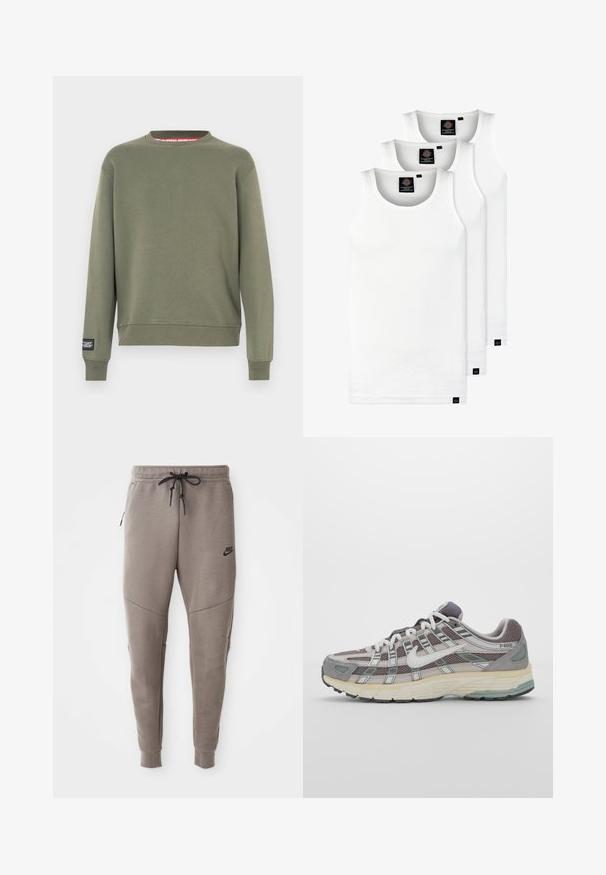 Olivově zelená mikina z měkké látky, s kulatým výstřihem, žebrovanými manžetami a štítkem na levém rukávu.; Tři bílé žebrované tílka vyrobené z bavlny. Mají kulatý výstřih a malé černé štítky poblíž lemu. Dostupné v několika velikostech.; Šedé Nike tepláky s elastickým pasem na šňůrku, zúženými nohavicemi, bočními kapsami a charakteristickým švem. Měkká, strukturovaná tkanina.; Šedá sportovní obuv s vrchní částí z mikrovlákna a semiše, bílými akcenty, polstrovanou podrážkou a jedinečným designem s reflexními prvky.