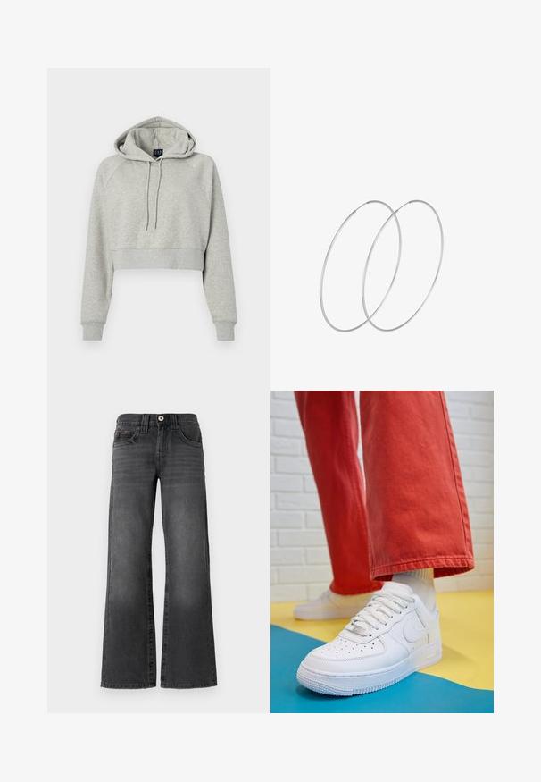 Lühendatud hall soe kampsun kapuutsiga, nööriga ja venivate randmetega. Valmistatud pehmest kangast, millel on mugav lõige ja raglani varrukad.; Laial jalgevahega teksad tumedast hallist denimist. Omavad viit taskut, nööbi sulgemist ja kangal peent kulumist. Klassikaline õmbluste aktsent.; Valge nahast tennis, millel on perforeeritud varvas, tekstureeritud tallad ja valged shoelaces, kombineeritud laia punase pükste ja sinise ning kollase taustaga.; Hõbedased rõngastikkaehingad minimalistlikus disainis. Ümar kuju, sile tekstuur ja õhuke profiil. Kerged ning poleeritud viimistlusega.