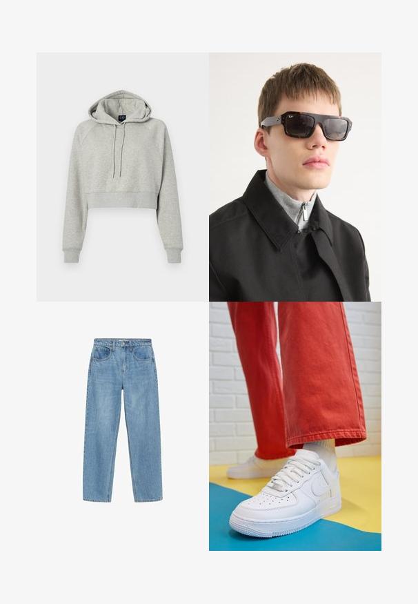 Skraťená šedá mikina s kapucňou, šnúrkou na sťahovanie a rebrovanými manžetami. Vyrobená z mäkkého materiálu s uvoľneným strihom a raglánovými rukávmi.; Svetlo modré džínsy s rovnými nohavicami, vysokým pásom, dvoma prednými vreckami a klasickým gombíkovým zapínaním. Jemné vyblednutie a žiadne ozdoby.; Biele kožené tenisky s perforovanou špičkou, textúrovanou podrážkou a bielymi šnúrkami, spárované so širokými červenými nohavicami na modrom a žltom pozadí.; Slnečné okuliare v korytnačkovom vzore s čiernymi akcentmi a obdĺžnikovým tvarom. Sivé strany sú zdobené logom značky. Nosené s čiernym kabátom a sivým rolákom.