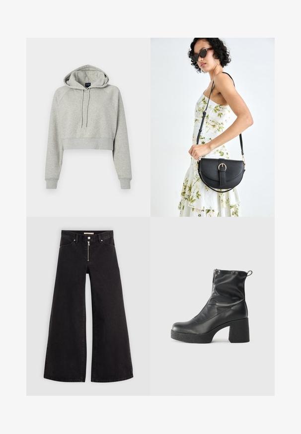 Beskjært grå hettegenser med snøring og ribbede mansjetter. Laget av myk stoff med avslappet passform og raglanermer.; Vide benbukser i sort denim med glidelås i front, fem-lomme design og subtile sømdetaljer. Glatt tekstur og avslappet stil.; Svarte ankelstøvler laget av glatt lær, med glidelås på siden, chunky strukturert hæl, og rund tå-design.; Svart lærveske med en buet form, avtagbar stropp og gullbeslag. Vesken har et klaff med spenne-detall.
