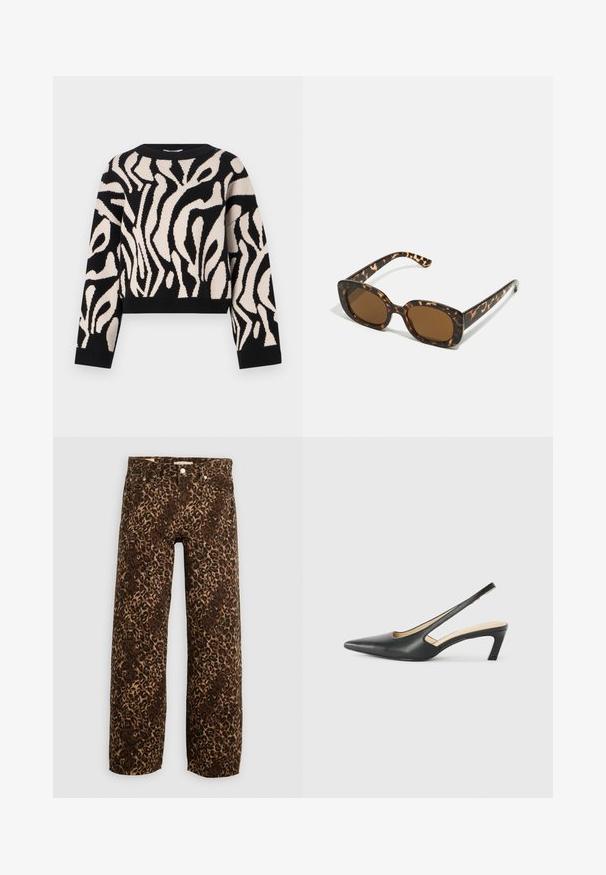 Svart og kremfarget strikket genser med et abstrakt bølgete mønster, rund hals, lange ermer og en cropped hem. Myk tekstur og elastiske mansjetter.; Leopardmønstret vide bukser i brun og tan. Lavet af denim, med et klassisk fem-lomme design og metalhardware detaljer.; Svart spiss tå slingback-sko med lav hæl, laget av jevnt skinnmateriale og med utskåret design på siden for pusteevne.; Skilpaddeskall solbriller med en rund, kraftig ramme og brune linser. Har subtile mønstre og rett, avsmalnende armer.