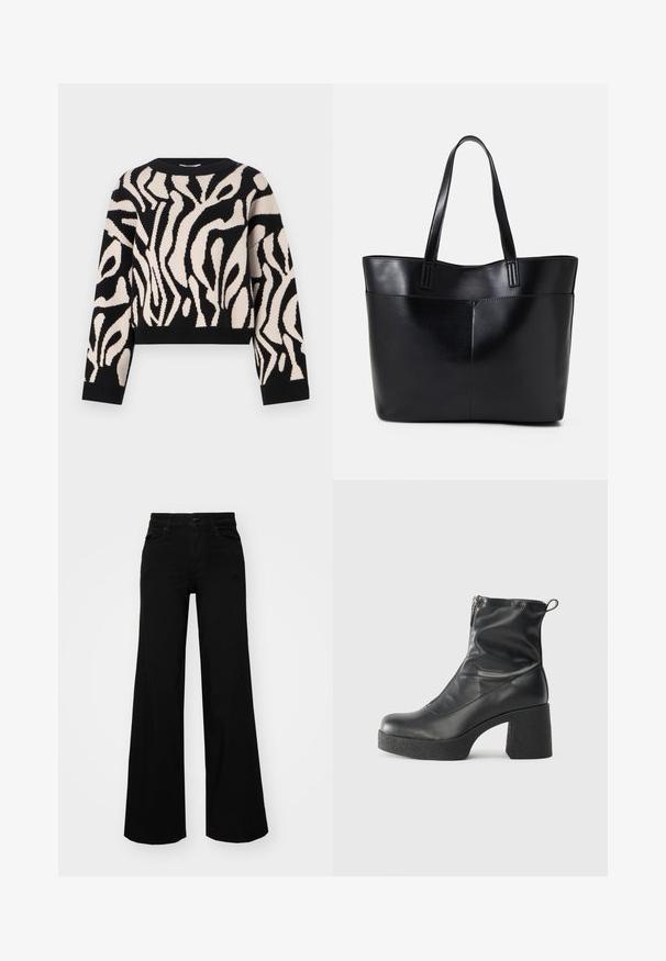 Pull en tricot noir et crème avec un motif ondulé abstrait, col rond, manches longues et ourlet court. Texture douce et poignets élastiques.; Pantalons large en denim noir, dotés d'une taille structurée, de passants de ceinture et de poches avant. Texture lisse avec un design classique.; Bottes noires à la cheville en cuir lisse, dotées d'une fermeture éclair sur le côté, d'un talon épais texturé et d'une conception à bout rond.; Sac fourre-tout en cuir noir avec deux longues poignées, une texture lisse et une forme structurée. Dispose d'une poche avant pour un rangement supplémentaire.