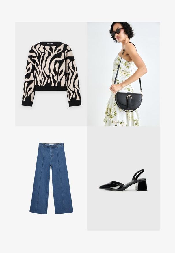 Maglione lavorato a maglia nero e crema con un motivo astratto ondulato, colletto a giro, maniche lunghe e orlo corto. Texture morbida e polsini elastici.; Jeans in denim a gamba larga di blu medio, con vita alta, chiusura con bottone e dettagli delle cuciture verticali a contrasto lungo la parte anteriore.; Décolleté in vernice nera con punta affusolata e tacco in geometria cubica. Presentano un design elegante e minimalista, con una texture liscia.; Borsa a tracolla nera in pelle con una forma curva, manico rimovibile e accessori dorati. La borsa presenta una patta con un dettaglio a fibbia.