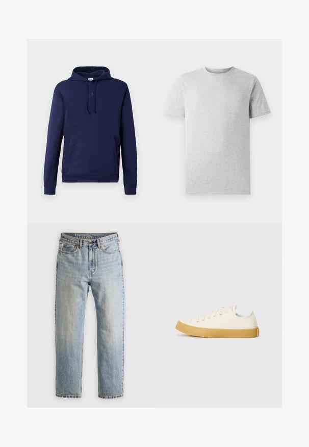 Tumedat sinine kapuutsiga dressipluus, millel on ees suur tasku, reguleeritav kapuuts ja delikaatselt reljeefne GAP logo rinnal.; Ühtlane heledahall lühikeste varrukatega ümmarguse kaelusega T-särk, esiplaanil, valge tausta ees, ilma nähtavate logode või kujunditeta.; Heledad hele sinine teksapükste kõrge vöökoht, ees nupuga, lukuga ja viie taskuga disain, asetatud tasasele neutraalsele taustale.; Kangasneakerid kreemjas valges, ümmarguse varbaga, beeži kummitaldaga ja viie silmaga paelte jaoks, tekstuurse viimistlusega ülaserv.