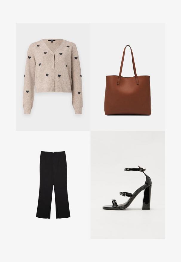 Beige stickad cardigan med V-hals, med svarta hjärtmönster, långa ärmar och framknappar. Mjuk textur och kort design.; Svarta byxor med rak passform, utrustade med framfickor och sidoklyvningar vid fållen. Tillverkade av mjukt, slätt tyg. Lämpliga för olika tillfällen.; Svarta lackerade klacksandaler med fyrkantig tå, ankelremmar och silverfärgade spännen. Har en kraftig blockklack för stabilitet.; Brun läder tote-väska med en slät textur, öppen toppdesign och två axelremmar. Har minimal söm och ingen synlig metalldetalj.