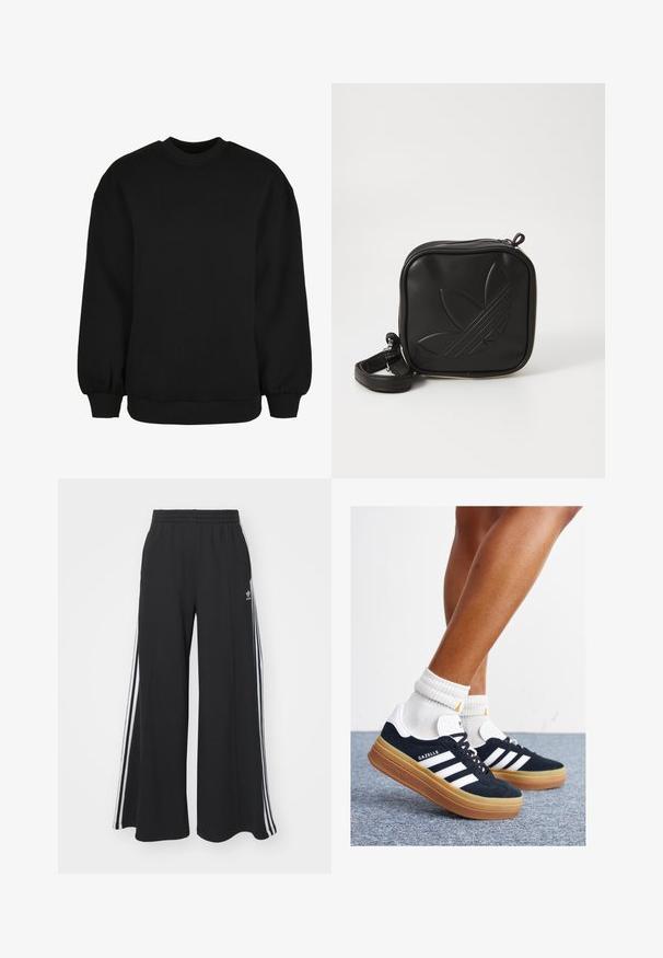 Crna dukserica s okruglim izrezom, dugim rukavima s elastičnim manžetama i rebrastim rubom. Izrađena od mekog, teksturiranog materijala.; Crne široke trenirke s elastičnim pojasom, s bijelim bočnim trakama i izvezenim logom na lijevom bedru.; Crne tenisice od brušene kože s bijelim prugama i detaljima, okruglim vrhom, gumeni potplat boje gume, uparene s bijelim rebrastim čarapama.; Crna kvadratna torbica preko tijela napravljena od teksturiranog sintetičkog materijala. Ima urezani dizajn logotipa i podesivu traku. Zatvaranje na patentni zatvarač.