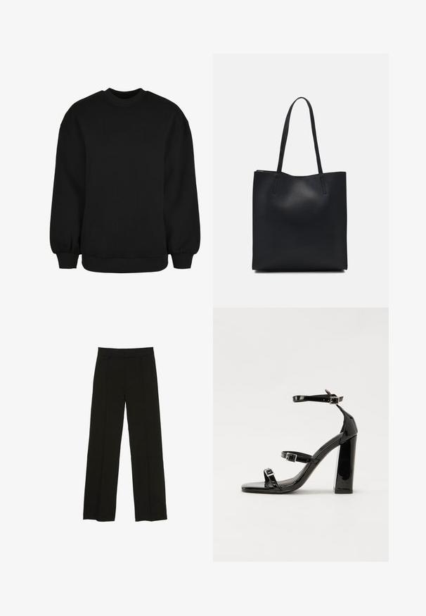 Čierna mikina s klasickým výstrihom, dlhými rukávmi s elastickými manžetami a rebrovaným lemom. Vyrobená z mäkkého, štruktúrovaného materiálu.; Čierne široké nohavice vyrobené z hladkej tkaniny, so priliehavým pásom a jemnými prednými záhybmi pre zvýšenie textúry.; Čierne lakované sandále na podpätku so štvorcovou špičkou, navlečenými remienkami okolo členku a striebornými prackami. Disponujú masívnym blokovým podpätkom pre stabilitu.; Čierna kožená taška na rameno s hladkým povrchom, obdĺžnikovým tvarom a dvoma dlhými uchami. Bez viditeľného kovania alebo ozdôb.