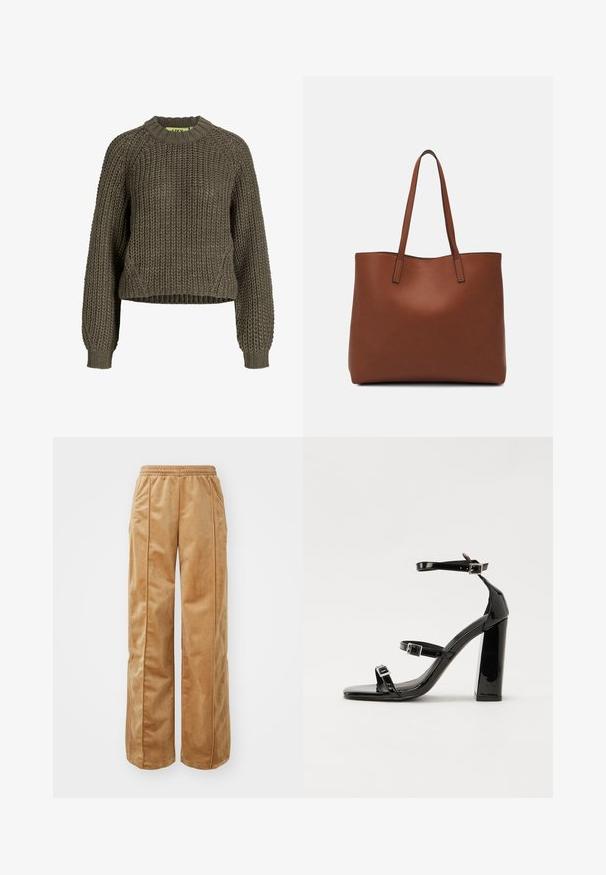 Suéter de malha verde azeitona, grossa, com decote redondo, punhos canelados e um ajuste descontraído. Tecido texturizado e material durável.; Calças largas em tom bege feitas de um material suave e aveludado. Apresentam uma cintura elástica e costuras verticais na frente para um detalhe adicional.; Sandálias de tacão preto laqueadas com bico quadrado, tiras para o tornozelo e fivelas prateadas. Apresentam um salto bloco chunky para estabilidade.; Bolsa tote de couro castanho com uma textura suave, design de abertura superior e duas alças para o ombro. Apresenta costura mínima e sem hardware visível.