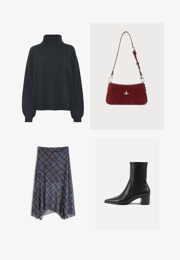 Gestuz MANZI ROLLNECK - Svetrík - deep graphite; Čierna kockovaná sukňa s modrými a hnedými prúžkami, voľný strih, stredná dĺžka, vyrobená z ľahkej látky s hladkým povrchom.; Čierne členkové topánky vyrobené z hladkej kože, s špicatou špičkou, blokovým podpätkom a výrazným zvýšeným švom na hornom okraji.; Červená semišová kabelka na rameno s zakriveným tvarom. Obsahuje strieborné akcenty a nastaviteľný popruh s hardvérovými detailmi. Hladký povrch.