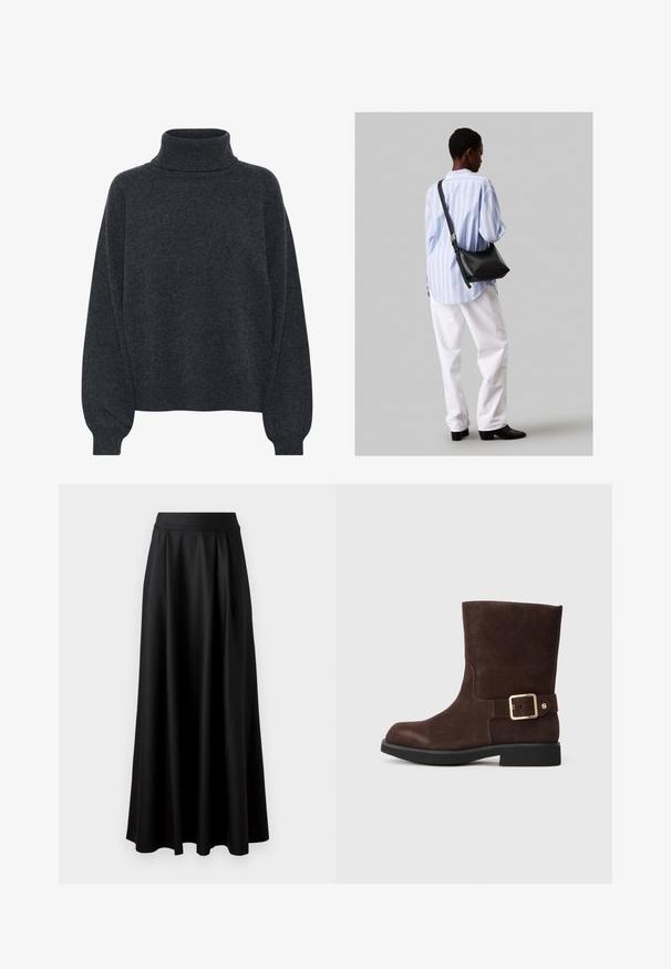 Gestuz MANZI ROLLNECK - Džemperis - deep graphite; Melnas, grīdai pieguļošas svārki ar gludu tekstūru, platām jostām un pleitu dizainu, bez redzamām apdrukām vai rotājumiem.; Ciembruns zamšs potīte ar noapaļotu purngalu, plakanu melnu zolīte un zelta sprādze akcenta sānos. Gluda tekstūra un vienkāršs dizains.; Melna ādas plecu soma ar mīkstu tekstūru, trīsstūra formu un regulējamu siksnu, apvienota ar gaiši zilu svītrotu krekli un baltām biksēm.