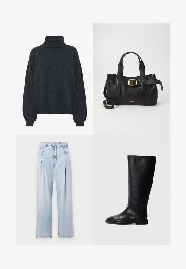 Gestuz MANZI ROLLNECK - Strickpullover - deep graphite; Helle blaue Denim-Jeans mit hoher Taille, weitem Beinschnitt, zwei seitlichen Taschen und gefaltetem Design. Weiche Textur mit einem ausgebleichten Finish.; Schwarze Lederstiefel bis zum Knie mit runder Zehenform, glatter Textur, minimalistischem Design und flacher Sohle. Einfache Nahtdetails am Schaft.; Schwarze Lederhandtasche mit strukturiertem Design, doppelten oberen Griffen, goldfarbenem Schnallenakzent und geprägtem Markenlogo auf der Vorderseite.