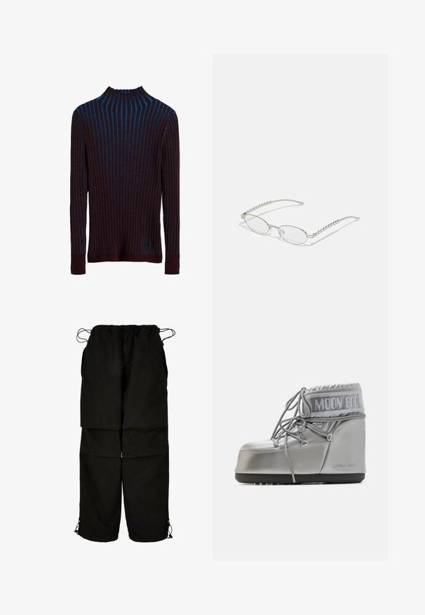 Sötétlila bordázott pulóver kék függőleges csíkokkal, magas nyakkal és testhez simuló mandzsettákkal. Puha tapintású, enyhe fényességgel.; Fekete nadrág könnyű anyagból, állítható derékpánttal és zsinóros szegéllyel. Lazán, oversized szabású, több zsebbel tervezve.; Ezüst vízálló csizma lekerekített formával, texturált felülettel és szürke fűzőkkel. Az üst felső részén hangsúlyos "MOON BOOT" logó található.; Ovális szemüveg fém ezüst kerettel, átlátszó lencsékkel és texturált gyöngyös szárakkal. Könnyű kialakítás ívelt karokkal.; Fekete bőr válltáska sima textúrával, ívelt tetővel és egyetlen pánttal. Cipzáras záródással és minimalista dizájnnal rendelkezik.