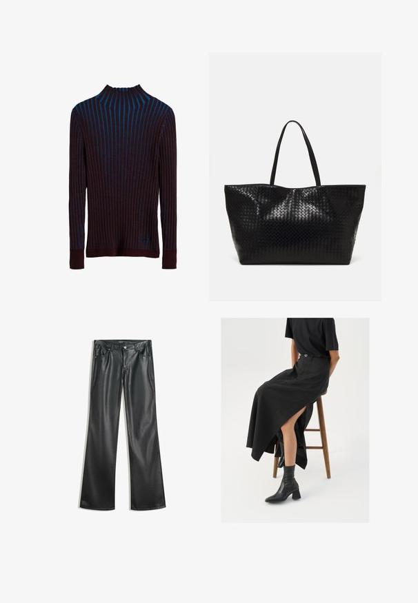 Ciemnofioletowy sweter prążkowany z niebieskimi pionowymi paskami, wysoka szyja i dopasowane mankiety. Miękka tekstura z subtelnym połyskiem.; Czarne sztuczne skórzane spodnie w stylu dzwonów o gładkiej fakturze, pięcioma kieszeniami, zamkiem z przodu i kontrastowymi szwami.; Czarna lniana spódnica maxi z wysokim rozcięciem, noszona z czarnym t-shirtem i czarnymi botkami sięgającymi kostek. Minimalistyczny design z luźnym krojem.; Czarna pleciona torba na ramię z dwoma mocnymi uchwytami, charakteryzująca się błyszczącą powierzchnią i przestronnym otwartym topem.