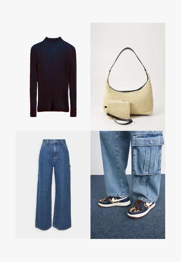 Tume lilla soonik, millel on sinised vertikaalsed triibud, kõrge kaelus ja kitsad varrukad. Pehme tekstuur kerge läikega.; Laiene jalad sinised denim püksid kõrge vöökohaga, kontrastsete õmblustega ja küljetaskutega, klassikalise viie taskuga disainiga ja toore servaga.; Tumed sinised tennised leopardimustriga aktsentide, valge Nike logoga, pruunide paelte ja valge vaheosaga. Kombineeritud heledate denimpükstega.; Kootud õlekott, millel on kõver siluett, ja sile must nahkrihm ning sobiv väike kott, mis on kinnitatud randme rihmaga.