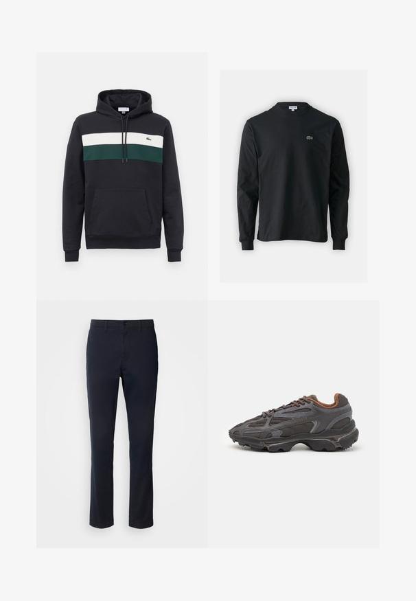Sudadera negra con capucha, con franjas horizontales blancas y verdes en el pecho y un bolsillo tipo canguro en la parte delantera.; Camiseta de manga larga negra de algodón, con escote redondo y un pequeño logo de cocodrilo bordado en verde en el lado izquierdo del pecho.; Pantalones azul marino de tejido suave, con un diseño de pierna recta, trabillas para el cinturón y un cierre de botón con cremallera.; Zapatillas Lacoste en gris oscuro con material de malla y sintético, que cuentan con una suela texturizada y detalles en marrón en el cuello y la marca.