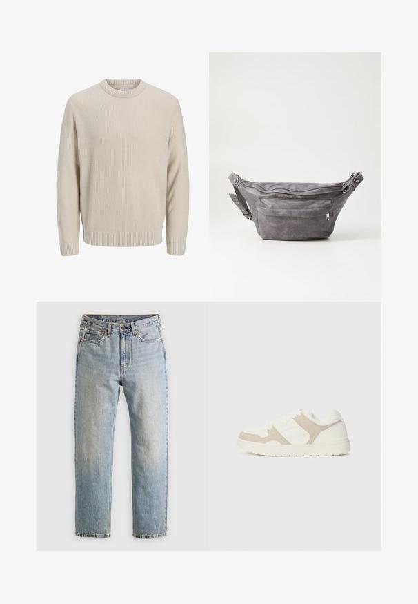 Pull en tricot beige clair avec un motif texturé, col rond, poignets et ourlet côtelés, et une coupe décontractée.; Jean en denim bleu clair à taille haute, avec bouton avant, fermeture éclair et design à cinq poches, posé à plat sur un fond neutre.; Baskets blanches et beiges présentant une combinaison de textures lisses et en daim, un bout rond, un système de laçage et une semelle en caoutchouc plate.; Sac banane en suède gris avec une forme arrondie, deux compartiments zippés et une sangle réglable. Comprend des accents en métal.