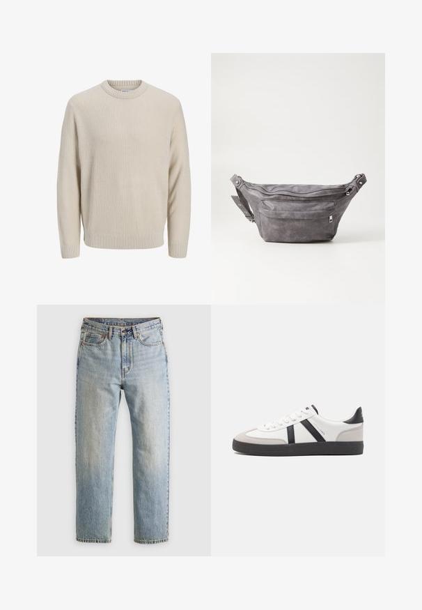 Svetlo bež pleteni pulover z teksturiranim vzorcem, okroglim ovratnikom, rebrastimi manšetami in robom ter sproščenim krojem.; Svetlo modri džins hlače z visokim pasom, sprednjim gumbom, zadrgo in petimi žepi, laid flat na nevtralni podlagi.; Bela športna obutev z črnimi in sivo akcenti, z teksturirano sivo kapico za prste, črnim gumijastim podplatom in ravnimi belimi vezalkami. Čista zasnova, minimalistični slog.; Sivkasta zamšasta torbica s okroglo obliko, dvema žepoma na zadrgo in nastavljivim trakom. Ima kovinske dodatke.