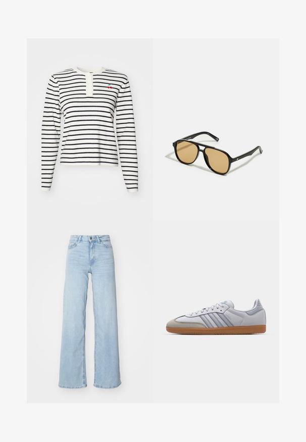 Valge ja tumesinise triibuga pika varrukaga topp, millel on henley kaelus nuppudega ja väike broderi kirss rinnal.; Heledad sinine laiad teksad, mis on valmistatud denimist. Omavad kõrget vööd, ees nööbiga sulgemist ja kahte taskut. Sile tekstuur kerge kulumisega.; Valged nahast tossud helesiniste detailidega, hallist suede'ist varvas ja pruun kummitald. Omab kolme sinist triipu ja "Samba" brändimist.; Mustad pruunide läätsedega mustad prillid; ristkülikukujuline kuju paksu raamiga, sealhulgas peened metallist aksessuaarid templites.