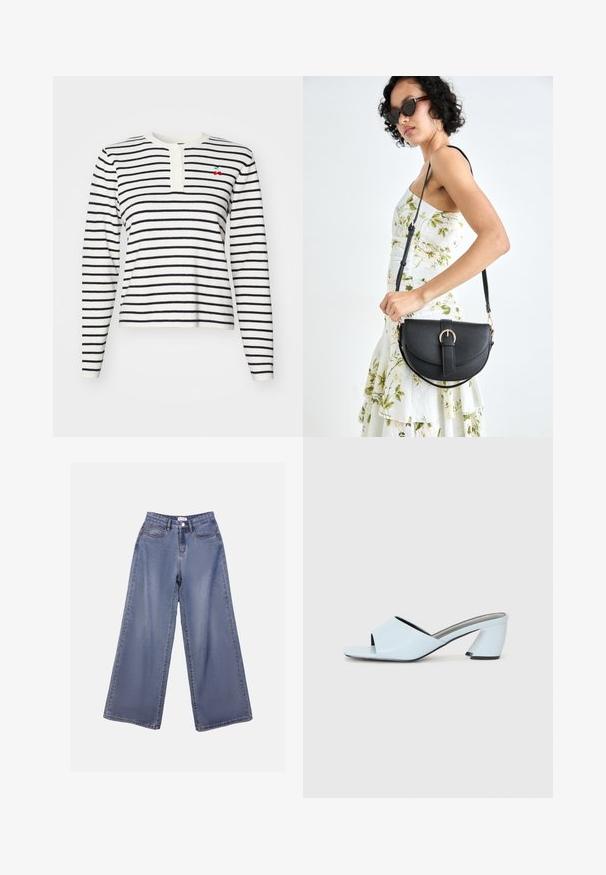 Maglietta a maniche lunghe a righe bianca e blu navy, con scollo henley con bottoni e un piccolo dettaglio di ciliegia ricamato sul petto.; Jeans in denim a gamba ampia di un blu chiaro, caratterizzati da una vita alta, tasche frontali e una chiusura con bottone e passanti per cintura.; Mule aperte di colore blu chiaro con punta aperta e design geometrico, dotate di una fascia larga che attraversa il piede e di un tacco spesso e angolare.; Borsa a tracolla nera in pelle con una forma curva, manico rimovibile e accessori dorati. La borsa presenta una patta con un dettaglio a fibbia.