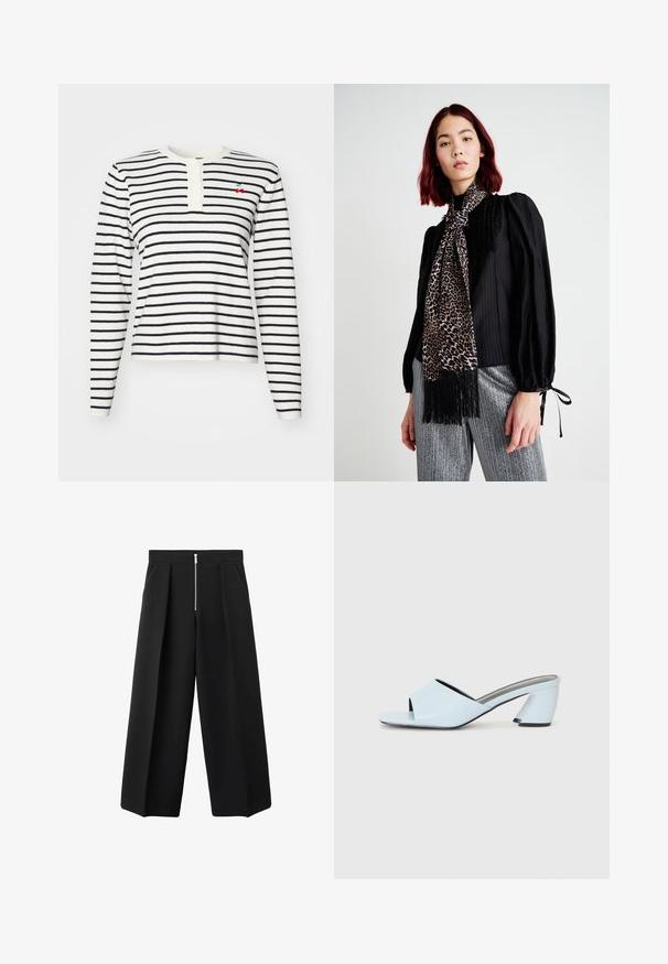 Langärmliges gestreiftes Oberteil in Weiß und Marineblau, mit einem Henley-Ausschnitt mit Knöpfen und einem kleinen bestickten Kirschdetails auf der Brust.; Schwarze weit geschnittene Hose mit vorderen Falten und einem sichtbaren silbernen Reißverschlussverschluss an der Taille, flacher Front und seitlichen Taschen.; Hellblaue offene mules mit Absatz und geometrischem Design, ausgestattet mit einem breiten Riemen über dem Fuß und einem dicken, winkligen Absatz.; Schwarze, strukturierte Bluse mit Puffärmeln, kombiniert mit einem Leopardenmuster-Schal mit Fransen, getragen über gefalteten silbernen Hosen.; Schwarze Lederhandtasche mit glatter Textur, strukturiertem Design, doppelten Griffen und einem silbernen Verschlussdetail in der Mitte.