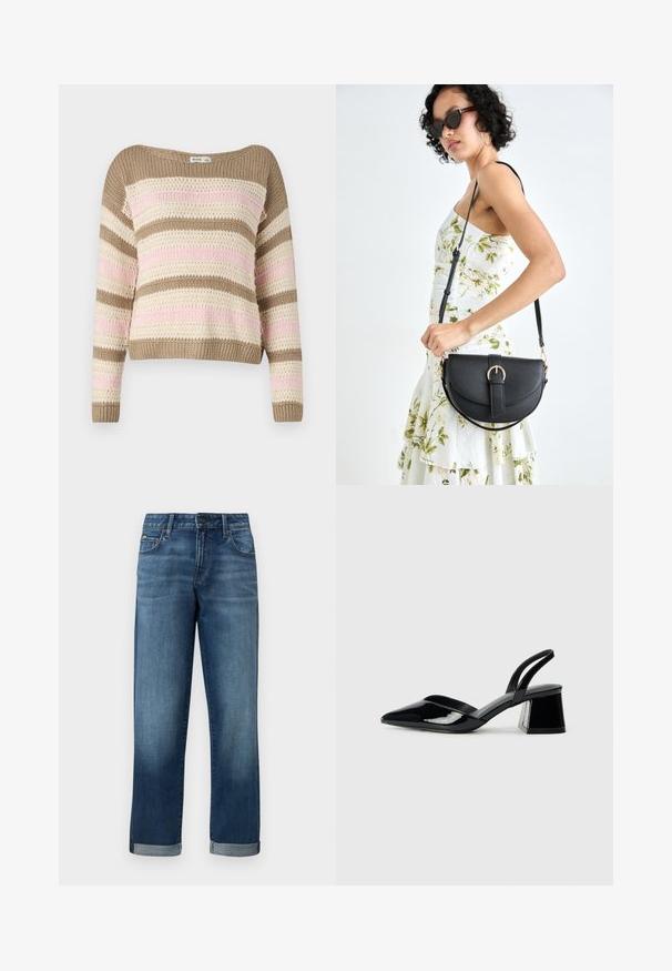 Kötött pulóver széles nyakkivágással, barna, krémszínű és rózsaszín vízszintes csíkokkal. Textúrált mintával és bordázott mandzsettákkal valamint derékkal rendelkezik.; Közepes kék mosású farmernadrág, egyenes szárú kialakítással, feltekert szárakkal és minimális kopással. Klasszikus öt zsebes stílus.; Fekete lakk bőr szandálkés magas sarkú cipő, hegyes orral és geometrikus tömbsarkakkal. Karcsú, minimalista dizájn és sima textúra jellemzi.; Fekete bőrtáska ívelt formával, levehető pánttal és arany színű fémrészekkel. A táskán egy csattal díszített fedél található.