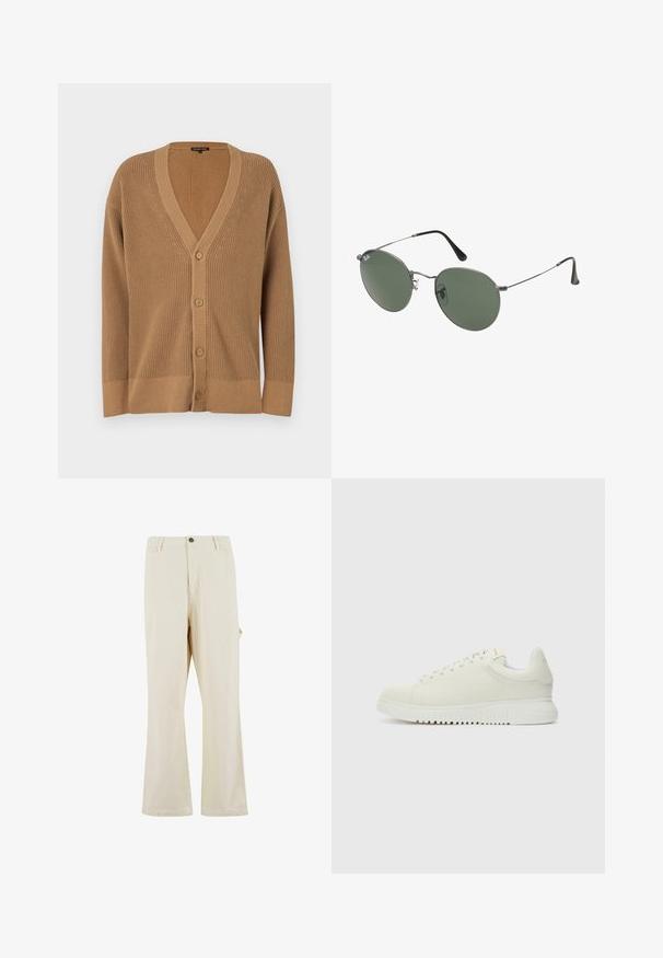Hnedý pletený kardigán s výstrihom do V, šiestimi gombíkmi, rebrovanou textúrou a širokými rukávmi. Dizajn obsahuje jemný vzor pozdĺž okrajov.; Biela bavlnená tričko s krátkymi rukávmi, okrúhlym výstrihom, uvoľneným strihom a žiadnymi viditeľnými logami alebo vzormi. Hladká textúra a minimálny dizajn.; Béžové nohavice s širokým strihom vyrobené z látky s prímesou bavlny s uzáverom na gombík. Obsahujú bočné vrecká a majú jemnú textúru. Viditeľné švy.; Biele kožené tenisky s textúrovaným vrchom, zaoblenou špičkou, plochou bielou podrážkou a tonálnymi šnúrkami. Diskrétne logo na jazyku.; Sunglass s metalovým rámom s oválnymi zelenými šošovkami. Tenký strieborný kovový rám a čierne štuple za uši. Minimalistický dizajn, bez viditeľných log.