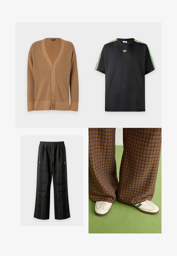 Ruskea neulottu neuletakki V-kaula-aukolla, kuudella napilla, ribattu pinta ja leveillä hihoilla. Suunnittelussa on hillitty kuviointi reunoilla.; Mustat T-paita, joka on valmistettu sileästä kankaasta ja jossa on pyöreä kaula-aukko. Paidassa on kolme vihreää raitaa olkapäissä ja pieni vihreä logo rinnassa.; Mustat ruudulliset housut, joissa on joustava vyötärö, kaksi etutaskua ja rento istuvuus suoralla lahkeella. Valmistettu kevyestä materiaalista.; Ruskonsin ja sininen ruutukuvioinen leveälahkeinen housut yhdistettynä valkoisiin kenkiin, joissa on mustia yksityiskohtia ja tekstuuripohjat, vihreää taustaa vasten.