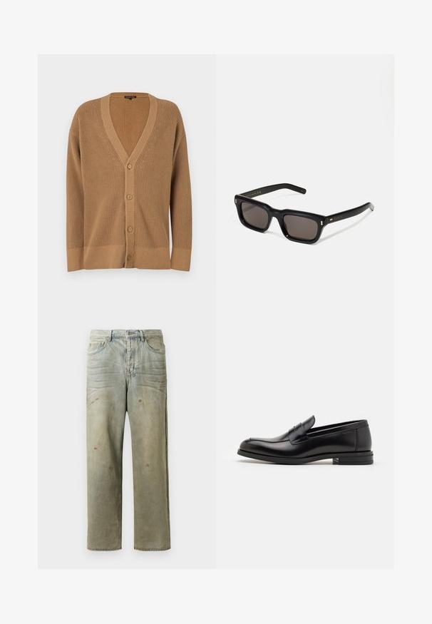 Cardigan tricotat maro cu guler în V, șase nasturi, textură ribdată și mâneci largi. Designul dispune de un model subtil de-a lungul marginilor.; Jeans din denim uzat, de culoare verde deschis, cu un croi drept, design cu cinci buzunare, și decolorare inegală cu stropi de vopsea.; Mocasini din piele neagră cu o textură netedă, vârf rotund și o curea decorativă peste partea superioară. Toc mic, design minimalist.; Ochelari de soare negri, rectangul care au lentile întunecate, ramă din plastic gros, accente aurii pe brațe și logo-ul brandului gravat pe mâner.