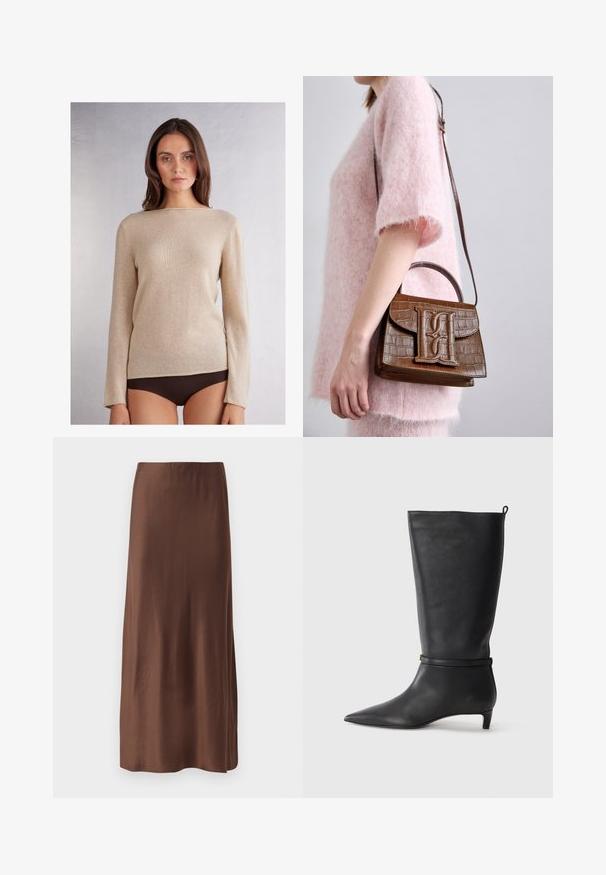 Beżowy sweter z długim rękawem i dekoltem typu łódka, wykonany z miękkiego materiału, z delikatną teksturą i kontrastowym przeszyciem wzdłuż dołu.; Brązowa satynowa spódnica midi o gładkiej fakturze, z prostym krojem i bez widocznych wzorów lub ozdób. Prosty i elegancki design.; Czarne skórzane kozaki do kolan z ostro zakończonym noskiem, ozdobione okrągłym paskiem wokół kostki oraz niskim, zwężanym obcasem. Gładka tekstura.; Brązowa torebka ze skóry krokodyla, tłoczona, z górnym uchwytem i paskiem na ramię. Posiada wyraźne logo na przedniej klapie. Miękka w dotyku.