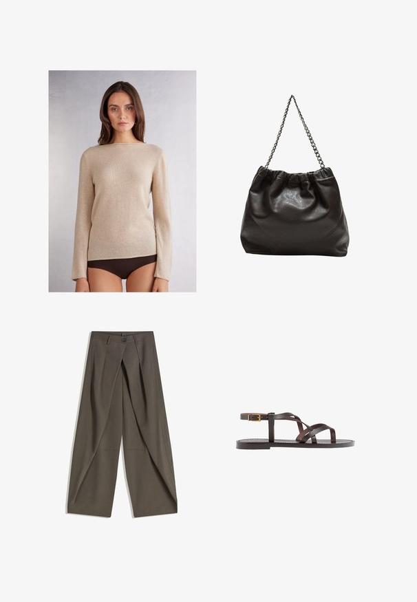 Béžový svetr s dlouhým rukávem a splývavým výstřihem, vyrobený z měkkého materiálu, s jemnou texturou a kontrastním prošíváním podél lemu.; Kalhoty s širokými nohavicemi vyrobené z texturované tkaniny tmavě šedé barvy. Obsahují přední záhyb, zapínání na knoflík a boční kapsy pro praktičnost.; Hnědé kožené sandály s kříženými pásky, uzavřením na přezku u kotníku a plochou podrážkou s minimem švů.; Hnědá kožená taška se sbíraným vrškem a řetízkovým popruhem. Hladký povrch s lesklým finišem a jemným švem na bocích.