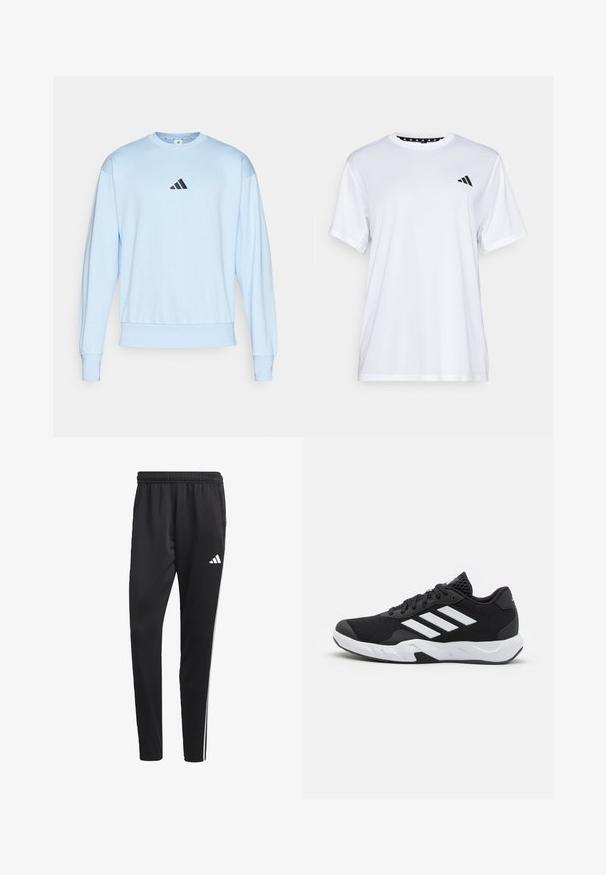 Svijetloplavi dukserica napravljena od mješavine pamuka, sa dugim rukavima, okruglim izrezom i crnim Adidas logom na prsima.; Bijela atletska majica kratkih rukava, napravljena od tkanine koja upija vlagu. Ima crni logo na lijevoj strani prsiju i uzorčeni unutarnji obrub dekoltea.; Crne atletske hlače s rastezljivim pojasom, bijelim bočnim trakama i malim bijelim logom na bedru. Izrađene su od glatkog, laganog materijala.; Crne atletske cipele s teksturiranim mrežastim gornjim dijelom, bijelim naglasnim trakama, podstavljenim potplatom i ojačanim petom za podršku.