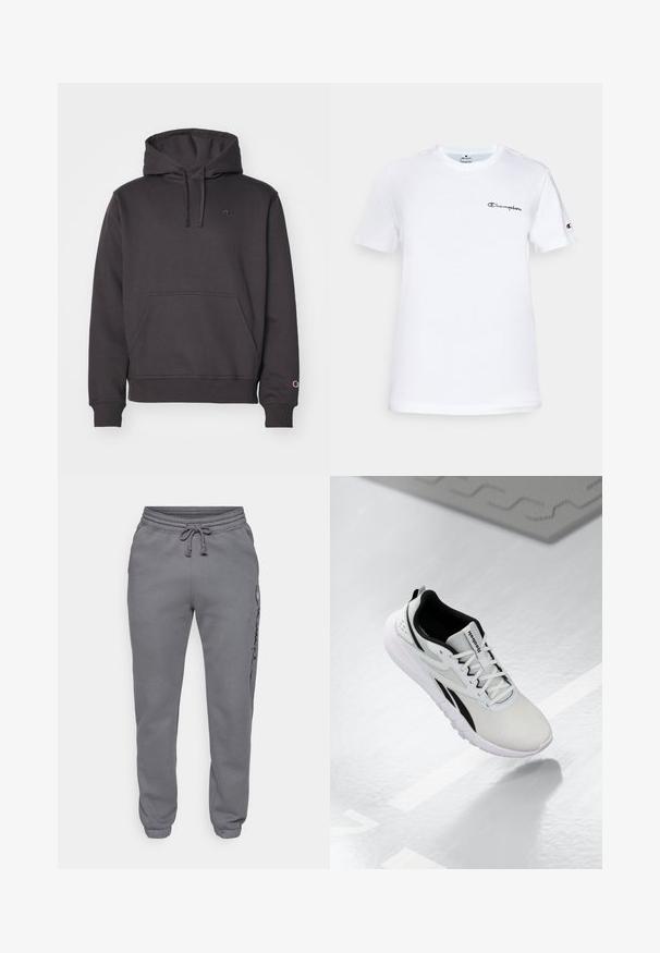 Dunkelgrauer Kapuzenpullover mit Kängurutasche, verstellbarem Kordelzug und besticktem Logo auf Brust und Ärmel. Weicher Stoff mit angenehmer Haptik.; Weißes Baumwoll-T-Shirt mit rundem Halsausschnitt, kurzen Ärmeln und schwarzem gesticktem "Champion"-Logo auf der Brust und am Ärmel.; Champion ICONS ELASTIC-CUFF SLIM FIT - Jogginghose - foggy; Hellgrau Sport-Schuh mit schwarzen Akzenten, strukturiertem Mesh-Obermaterial, gepolstertem Sohlen und Schnürverschluss. Mit einer Zuglasche an der Ferse.