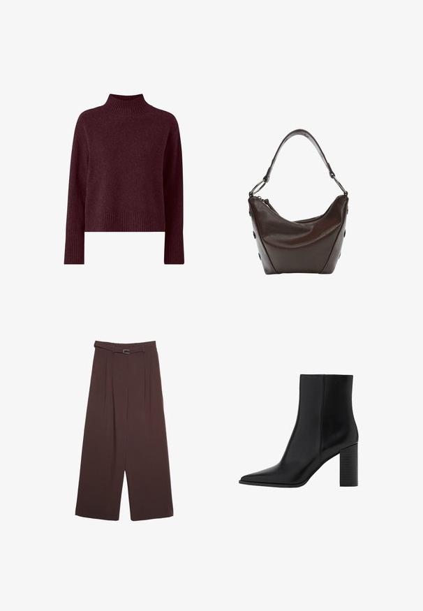 Ellos Collection Strickpullover - rot; Stradivarius WIDE-LEG WITH BUCKLE DETAIL - Stoffhose - dark brown; Schwarze Leder-Ankle Boots mit spitzem Zehenbereich, quadratischem Absatz, glatter Textur und Nähten entlang der Nähte. Die Absätze messen ungefähr 8,9 cm.; Dunkelbraune Lederhandtasche mit geschwungener Form, Reißverschlussverschluss und kurzem Griff. Sie verfügt über Metallbeschläge und dekorative schwarze Knöpfe an der Seite.