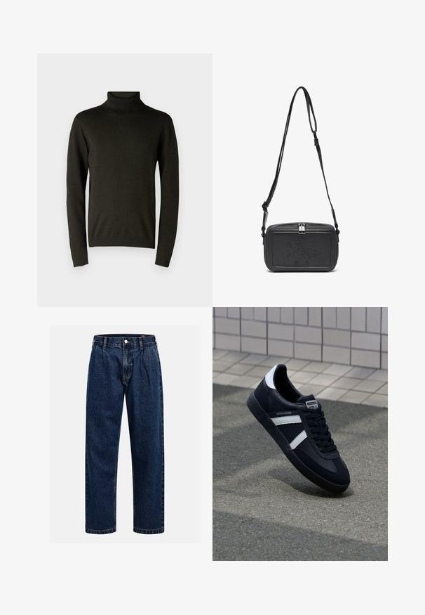 Pull à col roulé vert foncé en matériau tricot doux, doté de manches longues et de poignets et d'un ourlet côtelés. Texture lisse avec un minimum de détails.; Jean en denim bleu foncé avec une coupe droite. Présente des coutures visibles, une fermeture par bouton et des plis à l'avant pour un détail supplémentaire.; Sneaker en cuir noir avec des rayures blanches, semelle en caoutchouc texturée et devant à lacets. Présente une étiquette de marque sur la languette.; Sac bandoulière en cuir noir avec une fermeture éclair, logo embossé à l'avant et une sangle réglable. Texture lisse avec une forme rectangulaire.