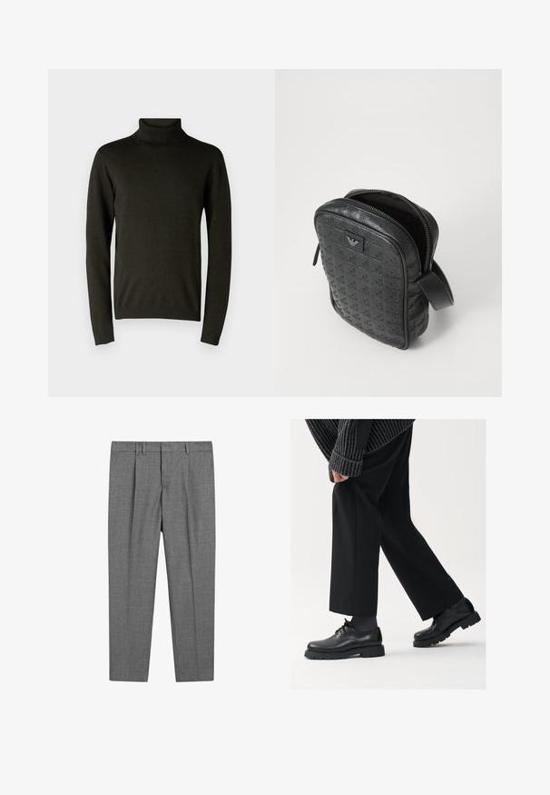 Donkergroene coltrui van een zachte breiselstof, met lange mouwen en geribbelde boorden en zoom. Gladde textuur met minimale details.; Grijze op maat gemaakte broek met een gestructureerde stof, voorzien van een platte voorkant, geplooide benen, riemlussen en een standaard tailleband.; Zwarte leren schoenen met een afgeronde neus, vetersluiting en een dikke, getextureerde zool. Draagt een gepaste zwarte broek en een geribbelde trui.; Zwarte, gestructureerde leren tas met een geometrisch patroon, rechthoekige vorm, bovenrits en een kort handvat. Heeft een logo-opdruk aan de voorkant.; Timex polshorloge met een zilveren wijzerplaat, zwarte uurmarkeringen en stalen kast. Het heeft een geëtste zwarte leren band. Eenvoudig, elegant ontwerp.