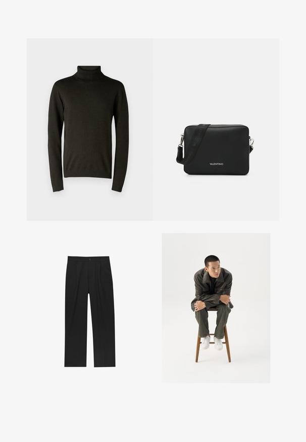 Donkergroene coltrui van een zachte breiselstof, met lange mouwen en geribbelde boorden en zoom. Gladde textuur met minimale details.; Zwarte broeken met een recht model, gemaakt van een gladde stof. Voorzien van een voorplooien en een enkele knoopsluiting bij de taille.; Bruine leren jas met een brede kraag, gecombineerd met donkergroene jeans en witte sneakers. Het model zit op een houten kruk.; Zwarte rechthoekige schoudertas van gestructureerd materiaal, met een zilveren sluiting en een verstelbare strap met merklogo.