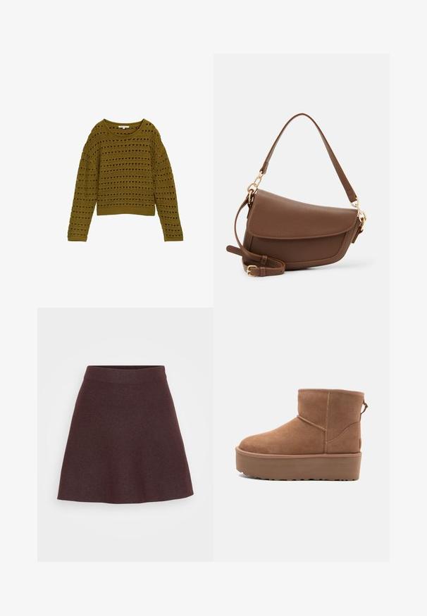 Pull en crochet vert olive à coupe décontractée, col rond et manches longues. Présente un motif rayé avec des découpes et un ourlet côtes.; Jupe tricotée bordeaux avec une coupe évasée, une large taille et une texture lisse, de couleur unie sans motifs ni accents.; Bottine en suède tan avec une semelle plate-forme, un bout arrondi et des accents de couture ; elle est dotée d'une languette à l'arrière pour un enfilage facile.; Sac à épaule en cuir marron avec une finition texturée, forme courbée, quincaillerie dorée, bandoulière réglable et fermeture à rabat.