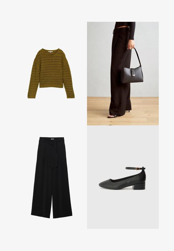 Sweter na szydełku w oliwkowym kolorze o luźnym kroju, okrągłym dekolcie i długich rękawach. Zawiera pasek wzoru z wycięciami i ściągaczem na dole.; Czarne spodnie szerokie z teksturowanej tkaniny, z elastycznym paskiem w talii i odpinanym paskiem w talii dla regulowanego dopasowania.; Czarne skórzane szpilki z ostrym noskiem i niskim słupkowym obcasem. Wyposażone w pasek na kostkę z złotym zapięciem. Gładka tekstura.; Czarna torebka o usztywnionym kształcie, gładkiej fakturze i metalowym zapięciem. Połączona z szerokimi czarnymi spodniami i sandałami na otwartym palcu na drewnianej podłodze.