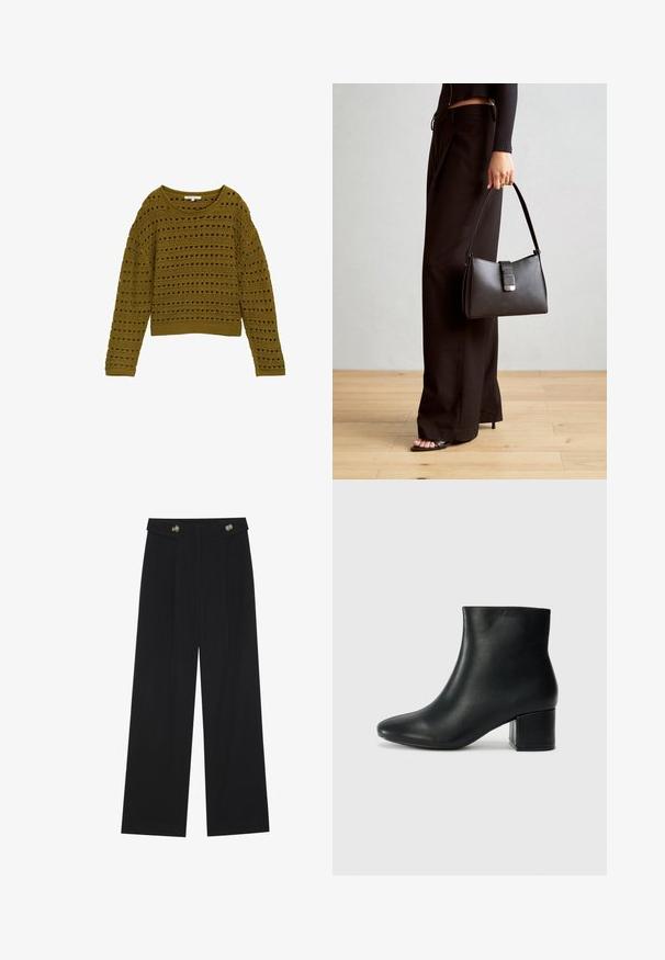 Olijfgroen gehaakt sweater met een losse pasvorm, ronde halslijn en lange mouwen. Kenmerkt zich door een gestreept patroon met uitsparingen en een ribgebreide boord.; Zwarte wijde broek met hoge taille, knoopdetails op de tailleband en plooien aan de voorkant.; Zwarte leren enkellaarzen met een spitse neus en een chunky hak. Gladde textuur met minimale accenten en een slank, strakk ontwerp.; Zwarte handtas met gestructureerde vorm, gladde textuur en een metalen sluiting. Gecombineerd met brede zwarte broeken en sandalen met open teen op een houten vloer.