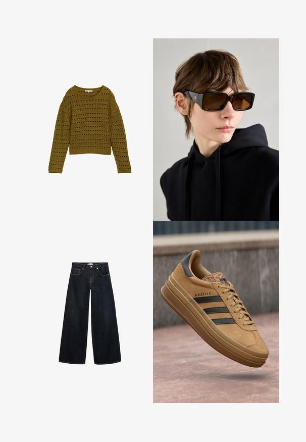 Olivgrün gehäkelter Pullover mit lockerer Passform, rundem Ausschnitt und langen Ärmeln. Verfügt über ein gestreiftes Muster mit Ausschnitten und geripptem Saum.; Weite, dunkelblaue Jeans mit hoch sitzendem Bund, kontrastierenden Nähten, Vorderentaschen und einem minimalistischen Design.; Beige Wildledersneaker mit glatter Oberfläche, drei dunklen Streifen, abgerundetem Zehenbereich und einer dickeren Sohle mit strukturiertem Rand.; Schwarze oversized Sonnenbrille mit glänzender Oberfläche, rechteckiger Form, braun getönten Gläsern und goldfarbenem Logo-Detail an den Scharnieren.
