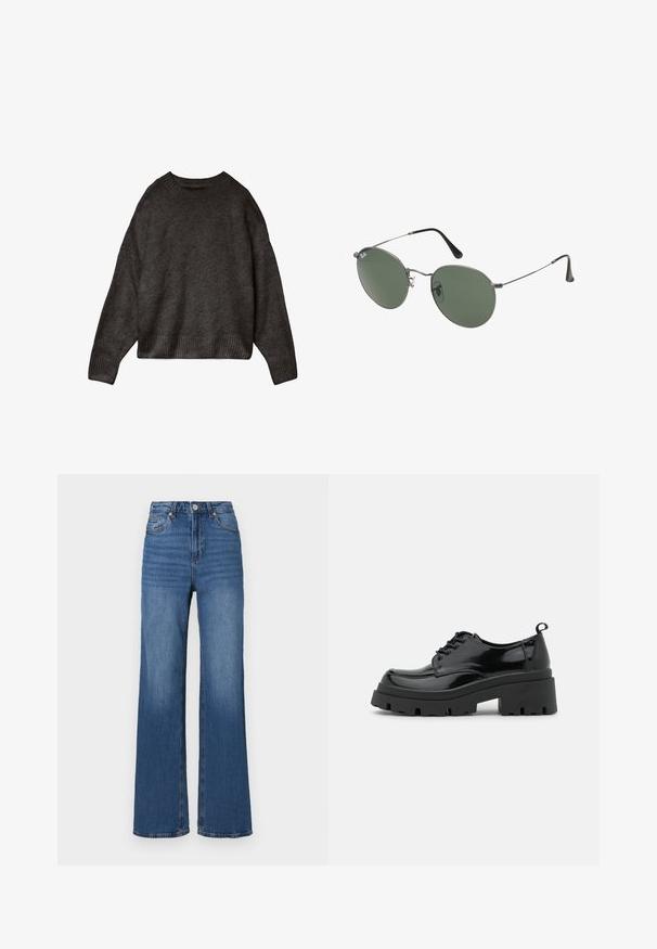 Dunkelgrauer Pullover aus weichem Stoff mit Rundhalsausschnitt, überschnittenen Schultern und geripptem Saum sowie Bündchen. Einfaches Design, ohne Muster.; Hoch taillierte, weit geschnittene blaue Jeans aus Denim, mit einem klassischen Fünf-Taschen-Design und subtilen Ausbleichungen entlang der Beine.; Schwarze Lacklederschuhe mit einer klobigen Plateau-Sohle und dicken Schnürsenkeln. Abgerundete Zehenpartie, minimale Details und eine kleine Fersenschlaufe auf der Rückseite.; Metallgestellte Sonnenbrille mit ovalen grünen Gläsern. Dünner silberner Metallrahmen und schwarze Ohrstücke. Minimalistisches Design, keine sichtbaren Logos.