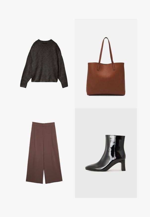 Dunkelgrauer Pullover aus weichem Stoff mit Rundhalsausschnitt, überschnittenen Schultern und geripptem Saum sowie Bündchen. Einfaches Design, ohne Muster.; Braune Weite-Leg-Hosen mit einer glatten Textur, hoher Taille und Vorderfalten. Der Stoff ist leicht und fällt locker.; Schwarzer Lackleder-Stiefelette mit spitzer Zehe und einem mittelhohen Blockabsatz. Glatte Textur und minimalistisches Design.; Braune Leder-Tote mit glatter Textur, offenem Oberteil und zwei Schulterriemen. Verfügt über minimale Nähte und keine sichtbaren Beschläge.