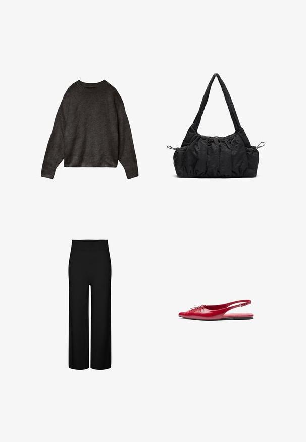 Donkergrijze trui, gemaakt van zachte stof, met een ronde hals, verlaagde schouders en geribde zoom en manchetten. Eenvoudig ontwerp, zonder patronen.; Zwarte wijde broek met een elastische tailleband, met een gladde textuur en zonder zichtbare patronen of accenten.; Rode leren slingback platte schoen met een puntige neus en een decoratieve vetersluiting aan de voorkant, voorzien van een slanke enkelband en een platte zool.; Zwarte stoffen handtas met gerimpelde textuur, twee schouderbanden en een trekkoordsluiting aan de zijkanten. Glad, lichtgewicht materiaal.