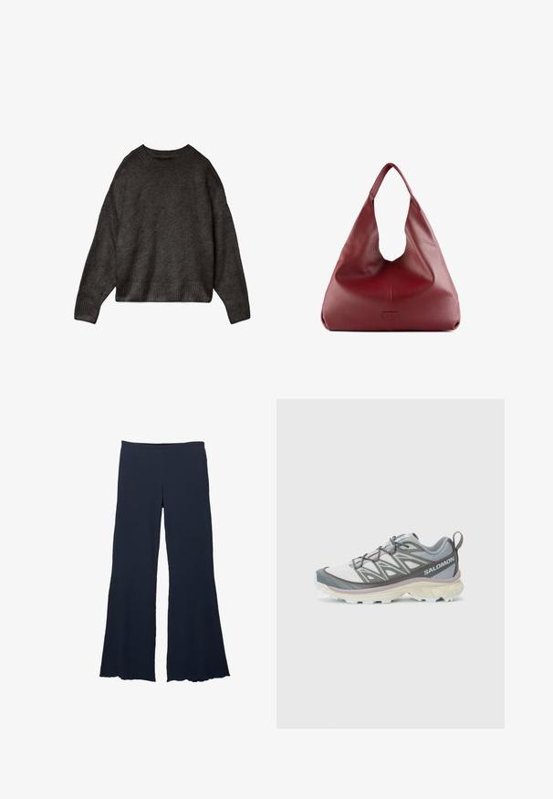 Maglione grigio scuro, realizzato in tessuto morbido, con colletto rotondo, spalle scese e orlo e polsini a costine. Design semplice, senza motivi.; Pantaloni a gamba larga blu navy in tessuto testurizzato con vita alta e fondo svasato, caratterizzati da una silhouette morbida e fluente.; Scarpa da corsa leggera e multi-materiale con una tomaia grigia e bianca, mesh testurizzato, suola imbottita e dettagli di allacciatura distintivi.; Borsa hobo in pelle rossa con un design ampio e morbido e una grande apertura, caratterizzata da una sottile texture e un logo impresso sul davanti.